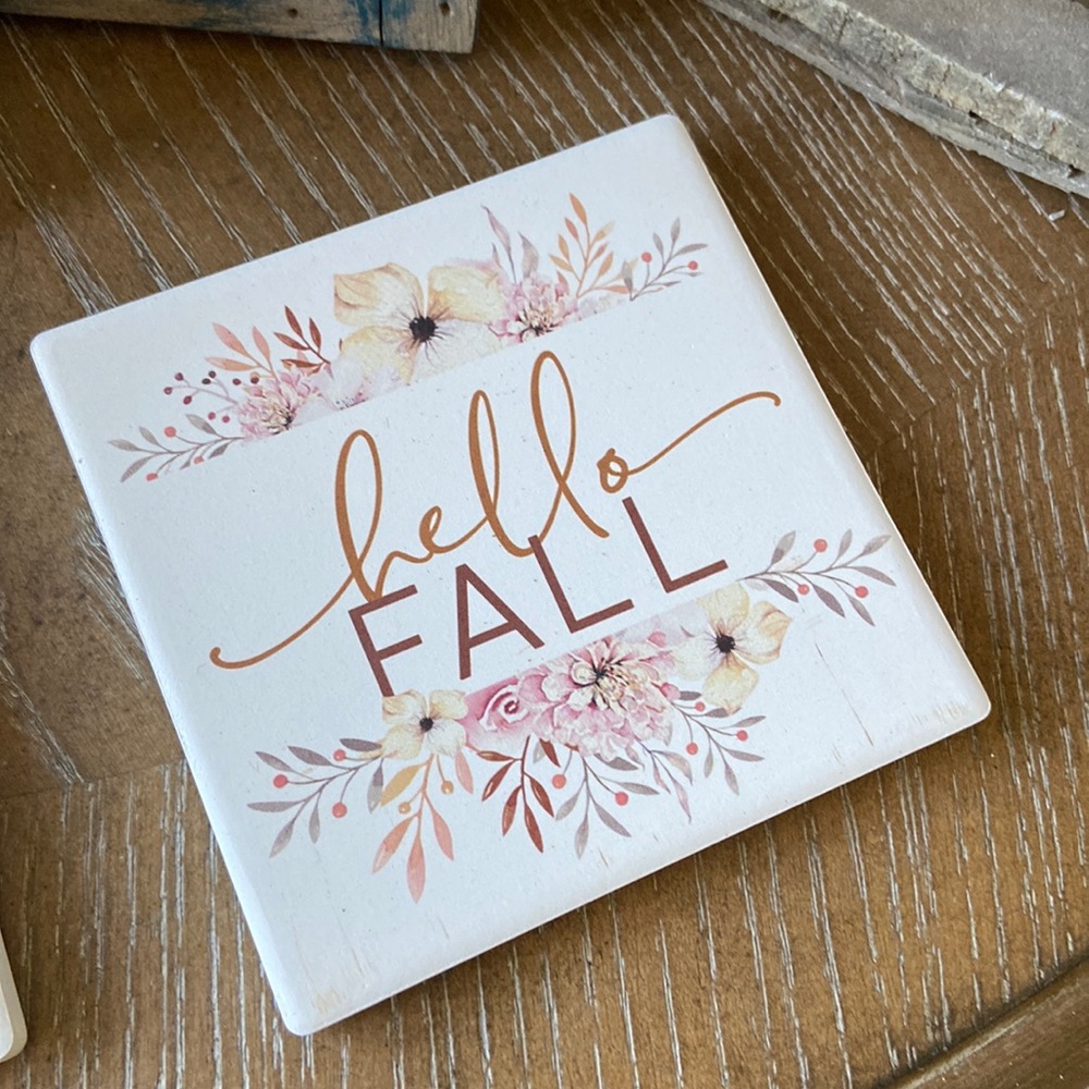 NEW! Shabby Chic Hello Fall Floral Autumn Harvest Ceramic Stoneware Coaster Set - Picture 6 of 10